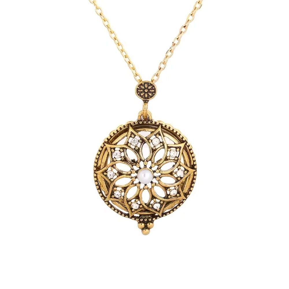 Gold Pearl Gemstone Magnifying Glass Pendant Retro Crystal Sunflower Amulet New